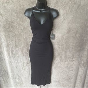 Black V Neck Open Back Midi Bodycon Dress